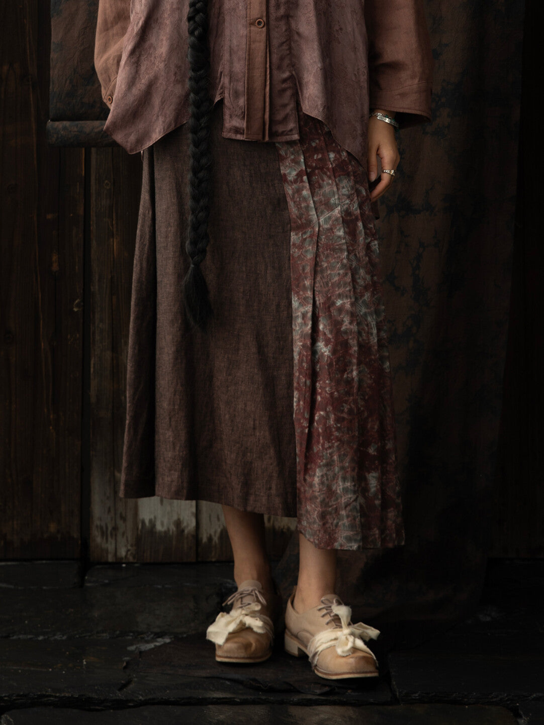 SOARIN WORLD Neo-Oriental Heritage Asymmetric Pleated Linen Skirt N-DCZ242TQ05
