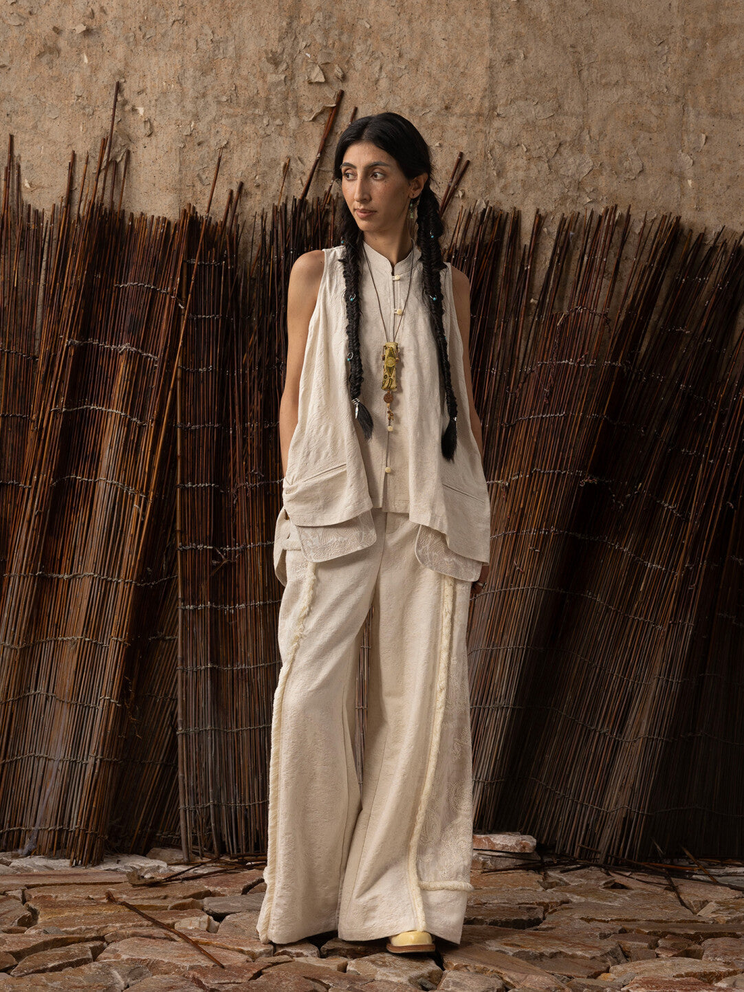 SOARIN WORLD Neo-Oriental Heritage Wide Leg Pants Linen Blend Casual Trousers N-DCZ242TF04