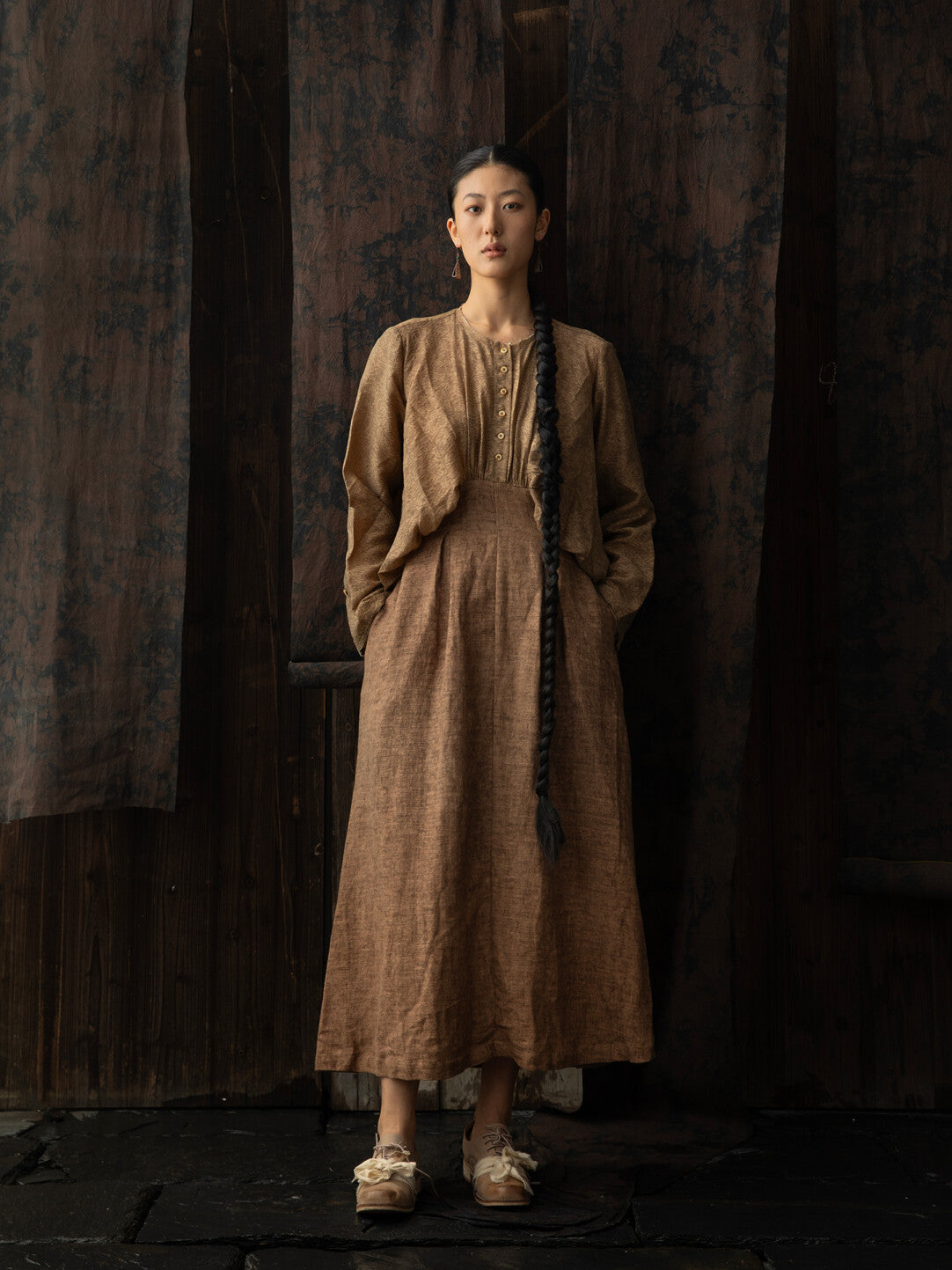 SOARIN WORLD Neo-Oriental Heritage Zen Architectural Layered Mixed-Fabric Dress DCZ242TQ15