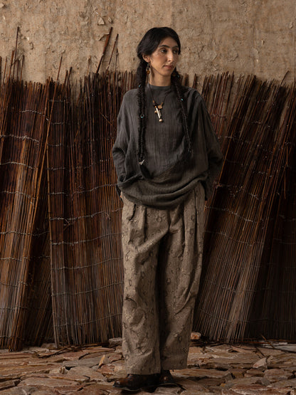 SOARIN WORLD Neo-Oriental Heritage Wide Leg Cropped Trousers Textured Cotton Linen Blend N-DCZ252TF07