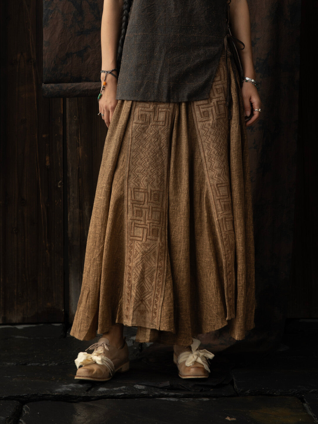 SOARIN WORLD Neo-Oriental Heritage Umbrella Silhouette Linen-Cotton Maxi Skirt N-DCZ252TQ27