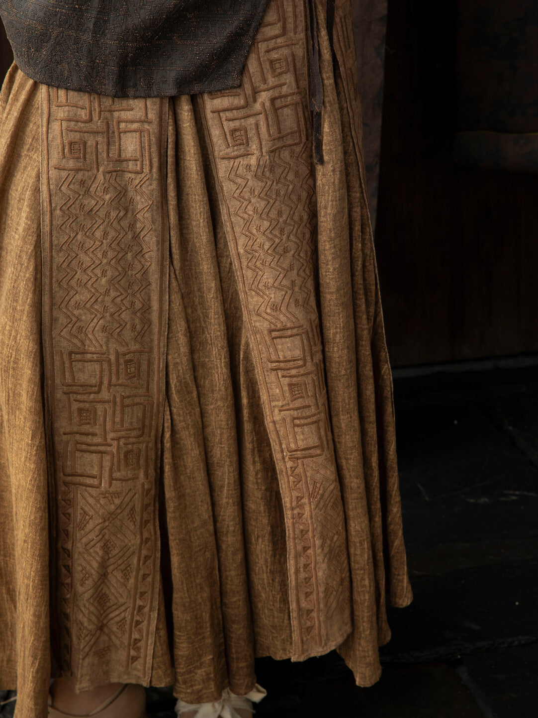 SOARIN WORLD Neo-Oriental Heritage Umbrella Silhouette Linen-Cotton Maxi Skirt N-DCZ252TQ27