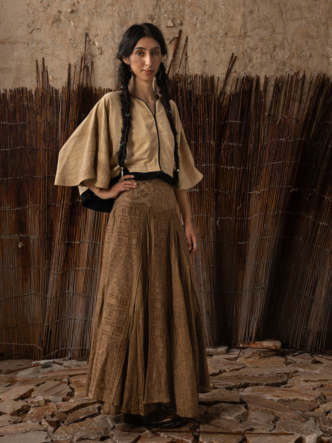 SOARIN WORLD Neo-Oriental Heritage Umbrella Silhouette Linen-Cotton Maxi Skirt N-DCZ252TQ27