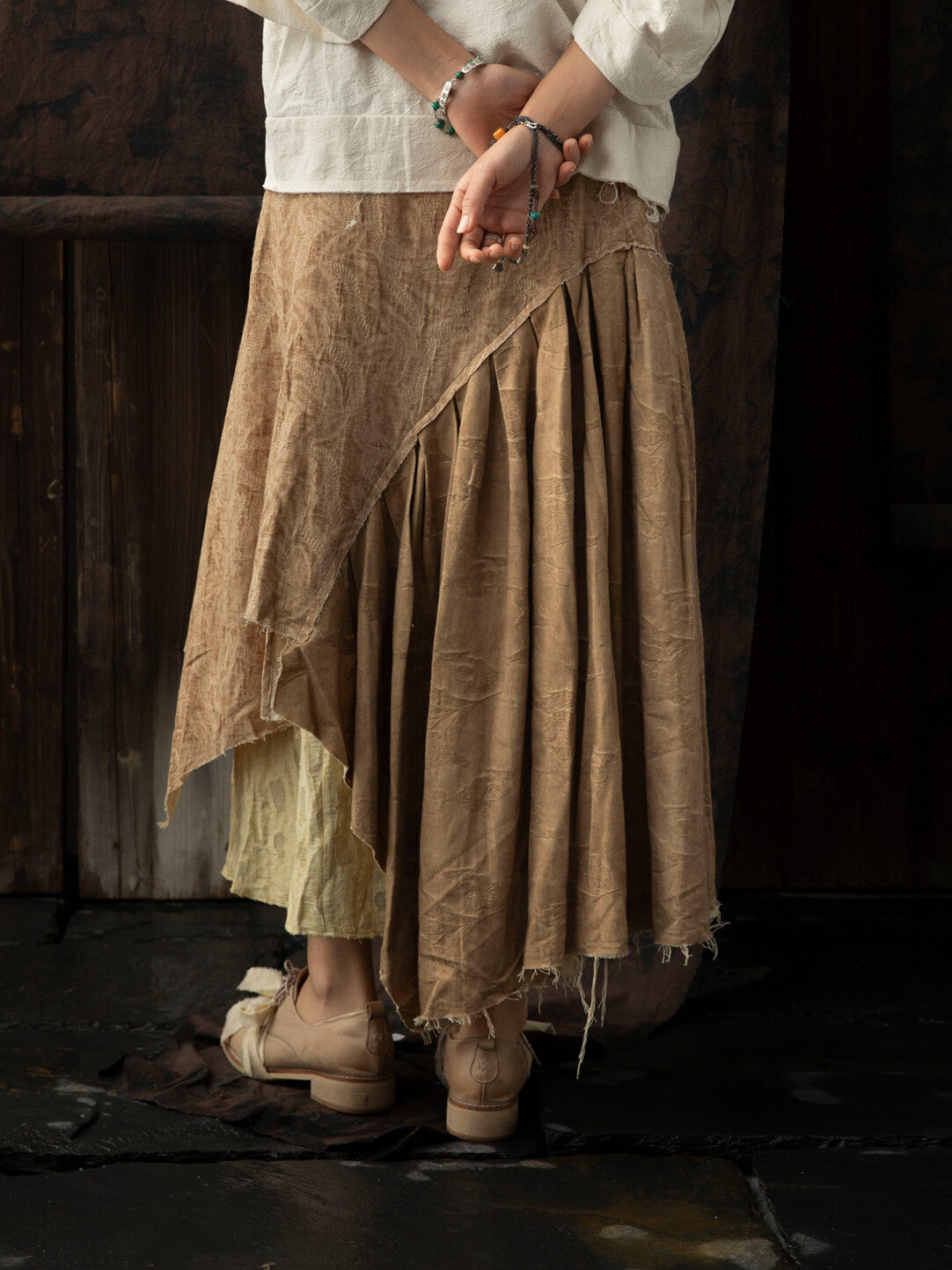 SOARIN WORLD Neo-Oriental Heritage Asymmetrical Layered Skirt Textured Fabric Bottoms N-DCZ252TQ36