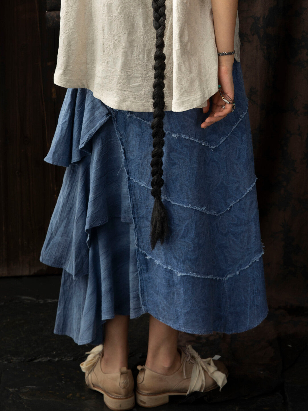 SOARIN WORLD Neo-Oriental Heritage Asymmetrical Tiered A-Line Skirt Cotton Blend N-DCZ252TQ37
