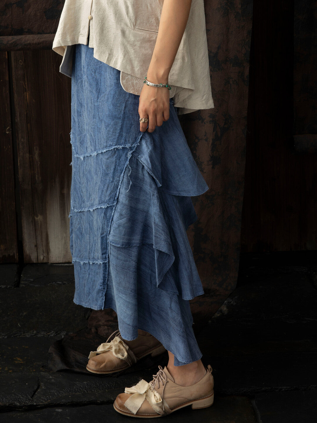 SOARIN WORLD Neo-Oriental Heritage Asymmetrical Tiered A-Line Skirt Cotton Blend N-DCZ252TQ37