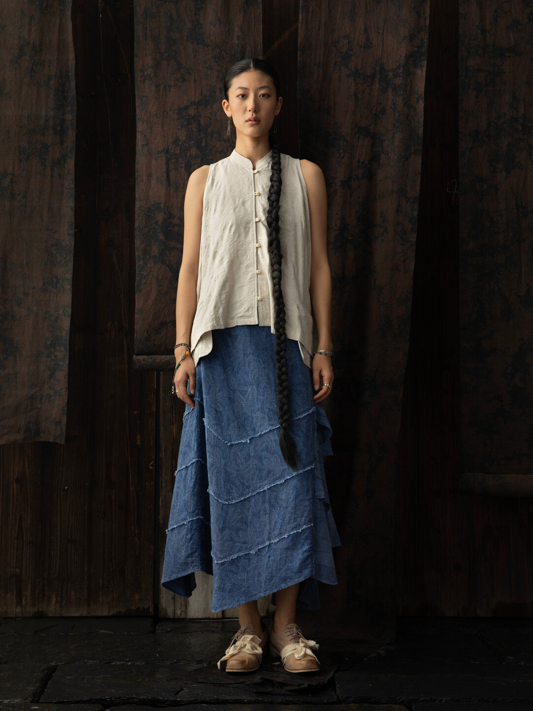 SOARIN WORLD Neo-Oriental Heritage Asymmetrical Tiered A-Line Skirt Cotton Blend N-DCZ252TQ37