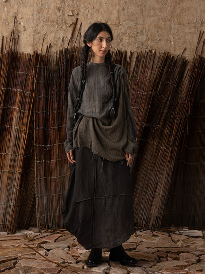 SOARIN WORLD Neo-Oriental Heritage Asymmetrical Drape Linen Maxi Skirt N-DCZ252TQ38