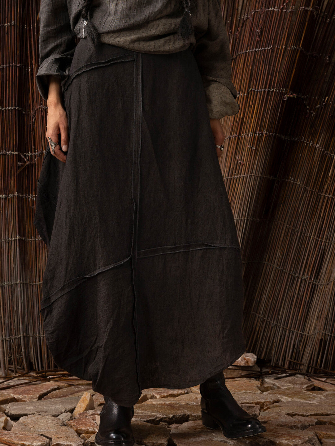SOARIN WORLD Neo-Oriental Heritage Asymmetrical Drape Linen Maxi Skirt N-DCZ252TQ38
