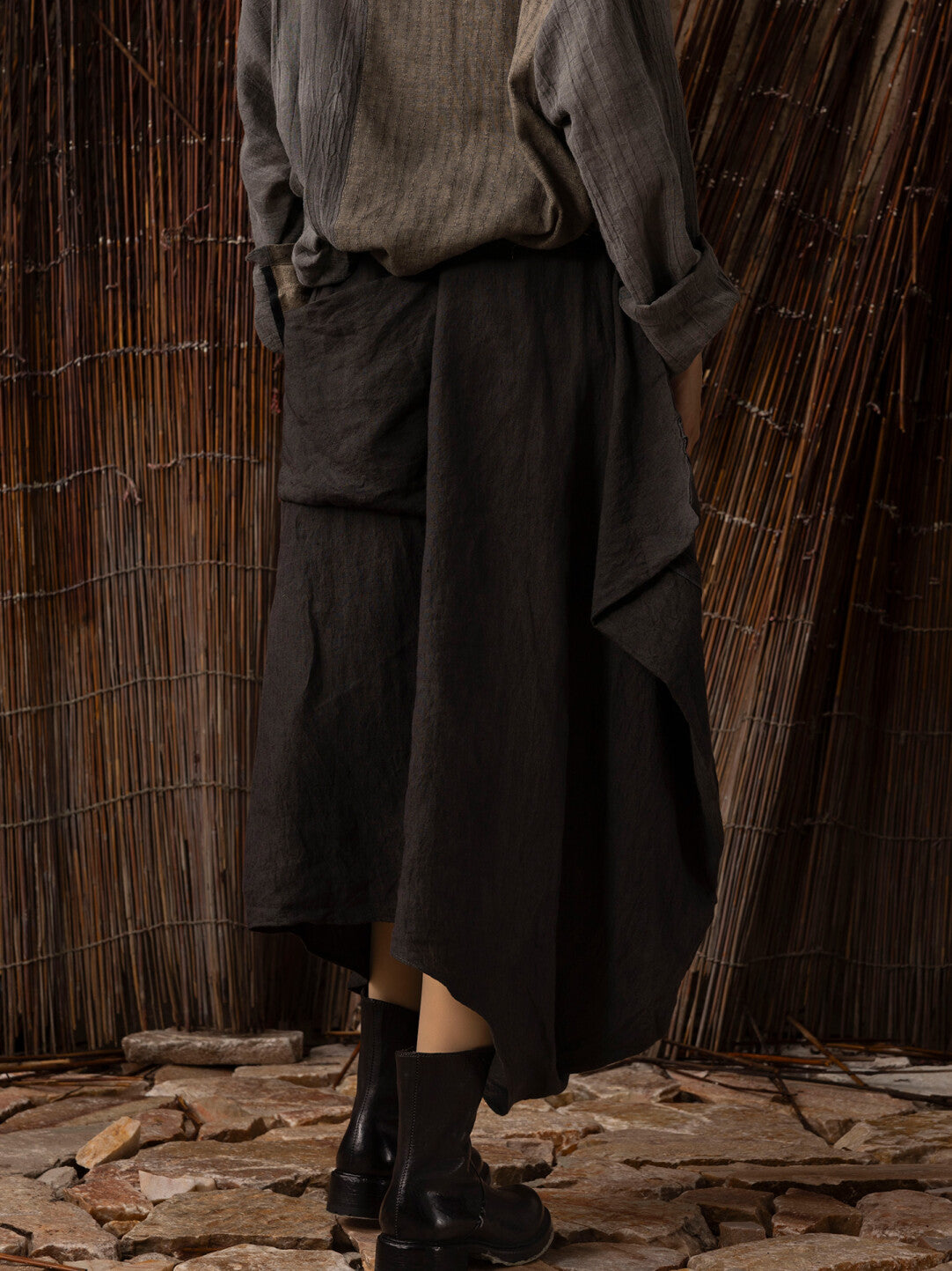 SOARIN WORLD Neo-Oriental Heritage Asymmetrical Drape Linen Maxi Skirt N-DCZ252TQ38