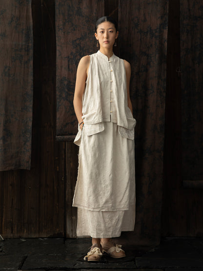 SOARIN WORLD Neo-Oriental Heritage Sleeveless Stand Collar Jacquard Shirt N-DCZ252TC10