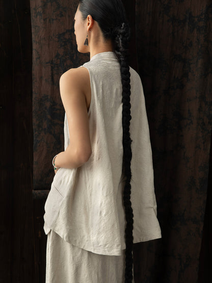 SOARIN WORLD Neo-Oriental Heritage Sleeveless Stand Collar Jacquard Shirt N-DCZ252TC10