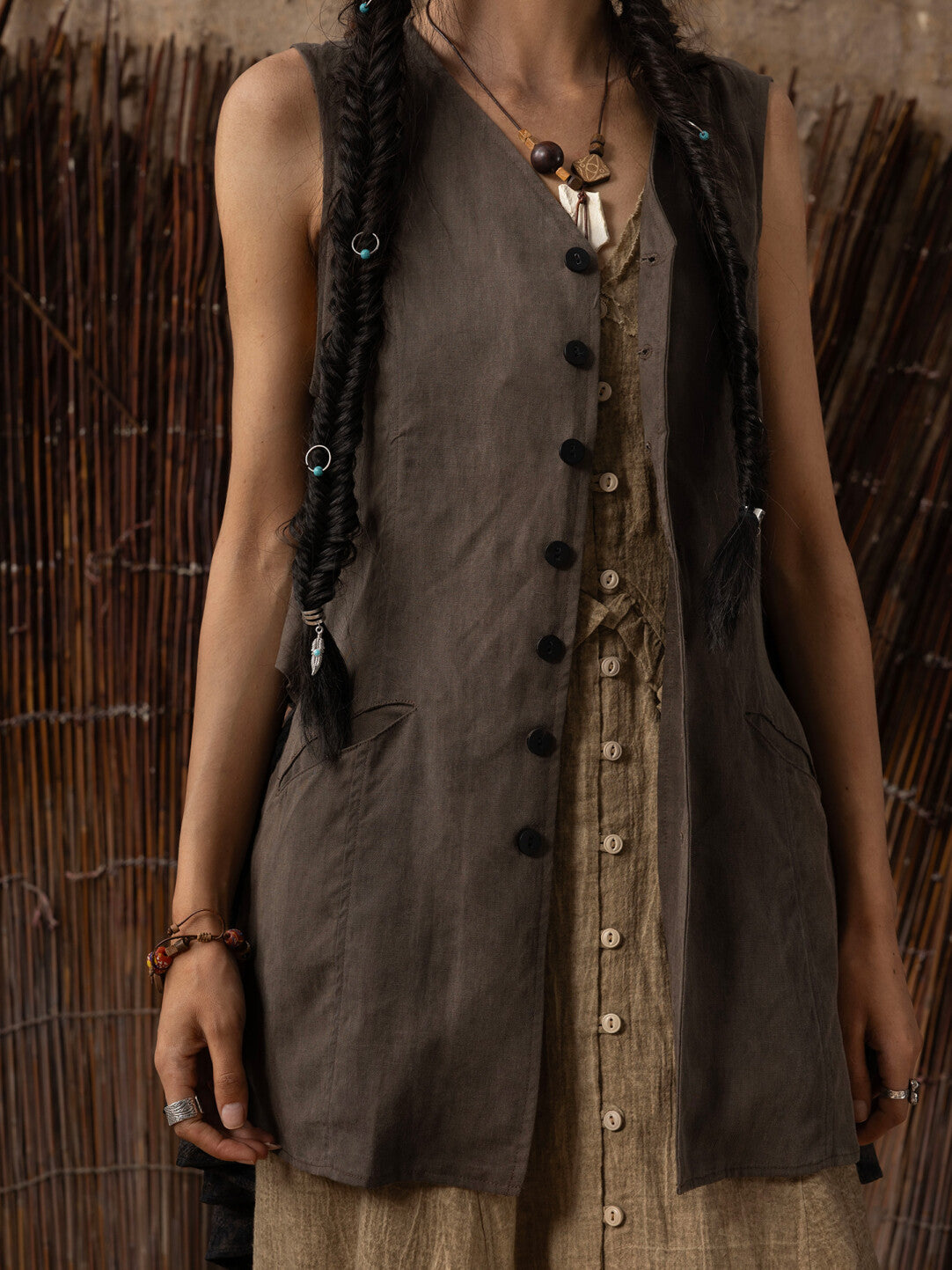 SOARIN WORLD Neo-Oriental Heritage hree-Dimensional Silhouette  Tencel-Linen Blend Reversible Vest Dress N-DCZ252TC17