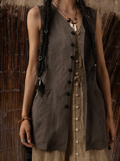 SOARIN WORLD Neo-Oriental Heritage hree-Dimensional Silhouette  Tencel-Linen Blend Reversible Vest Dress N-DCZ252TC17