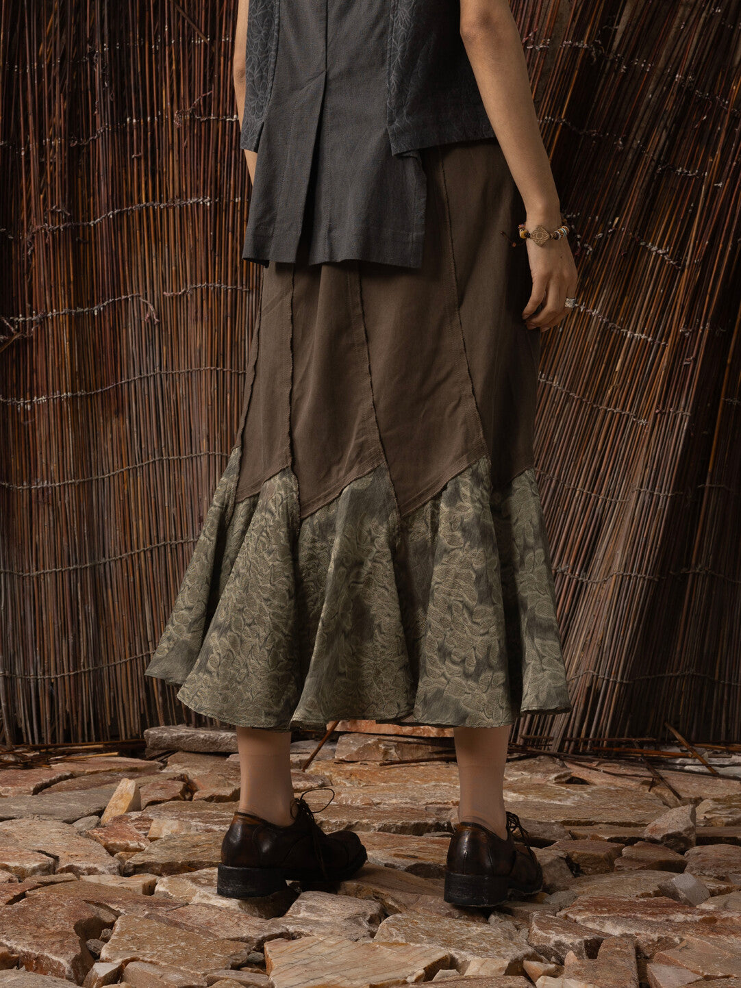 SOARIN WORLD Neo-Oriental Heritage Paneled A-line Skirt Mixed Fabric Midi Skirt N-DCZ252TQ41