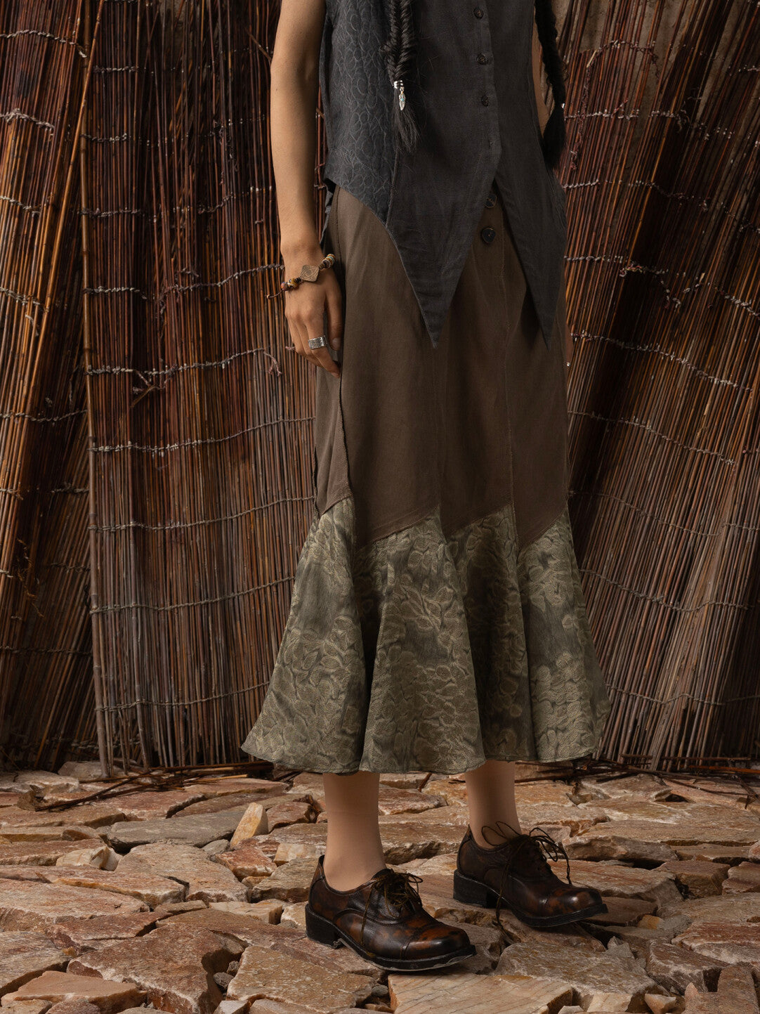 SOARIN WORLD Neo-Oriental Heritage Paneled A-line Skirt Mixed Fabric Midi Skirt N-DCZ252TQ41