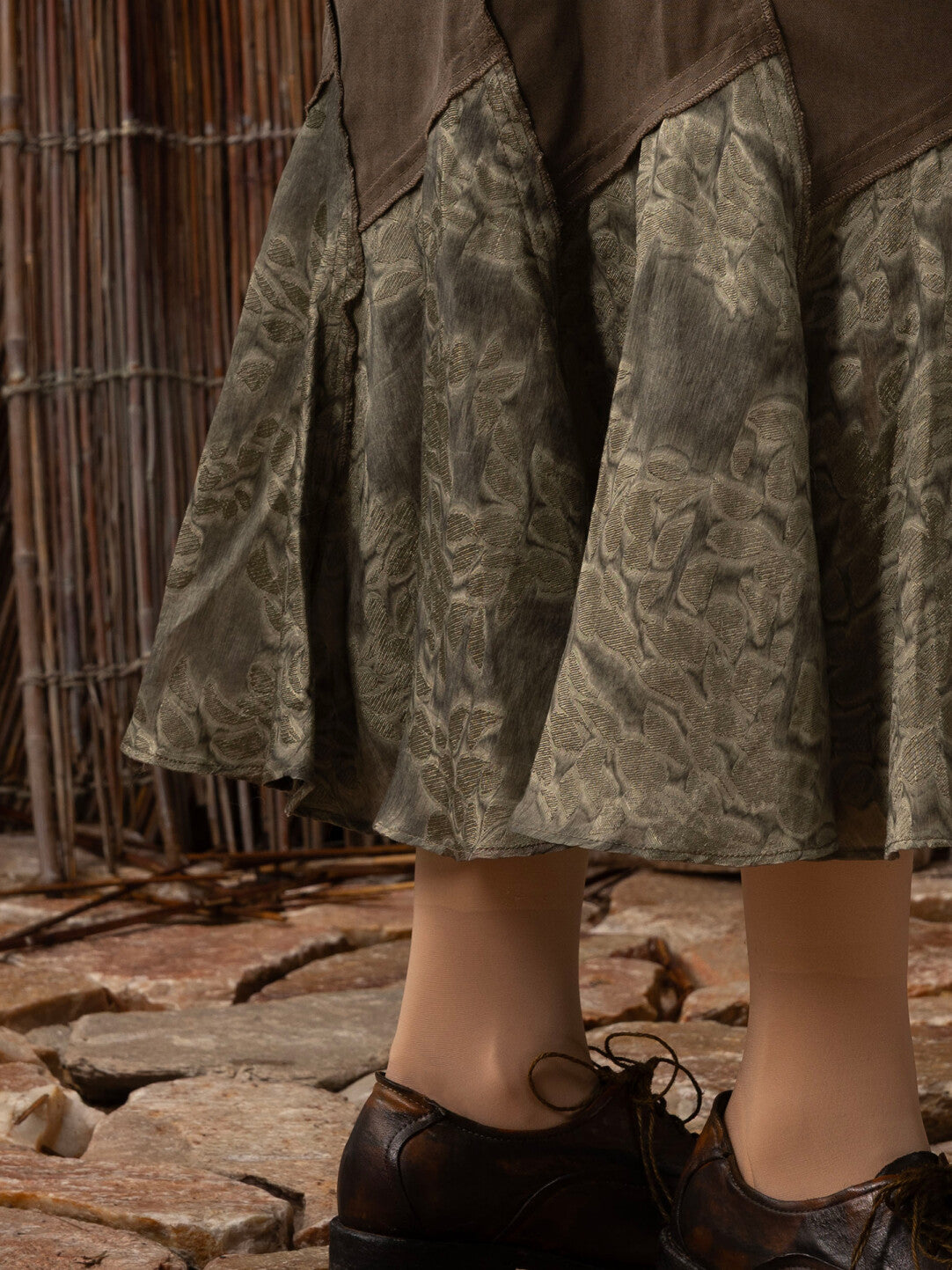 SOARIN WORLD Neo-Oriental Heritage Paneled A-line Skirt Mixed Fabric Midi Skirt N-DCZ252TQ41