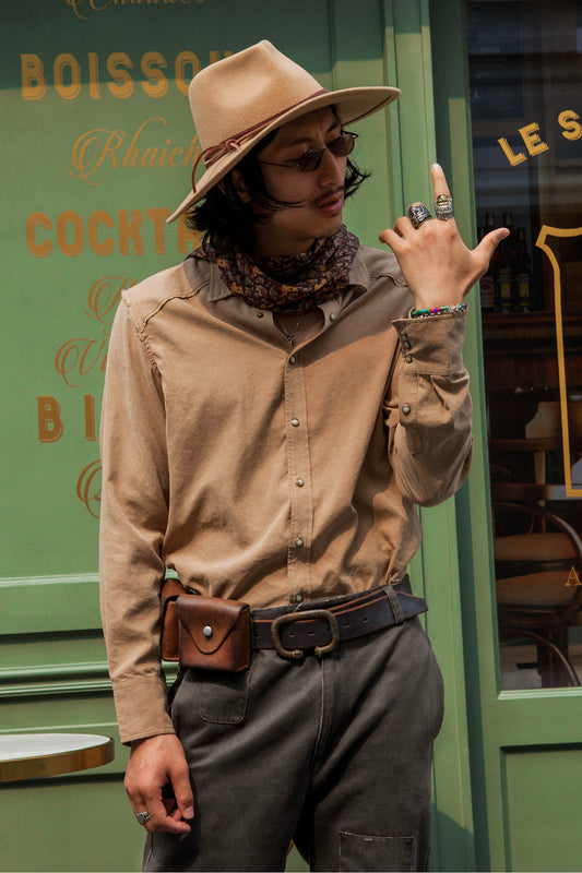 Independent retro design shirt men's original yuppie thin splicing casual ice silk long-sleeved shirt