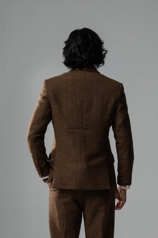 British retro style double-breasted suit for men wool herringbone pattern business casual slim-fit suit jacket