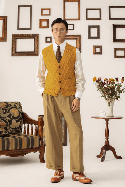 British retro style sweater cardigan vest men's diamond check cable knit sweater vest waistcoat