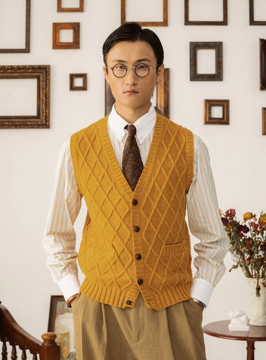 British retro style sweater cardigan vest men's diamond check cable knit sweater vest waistcoat