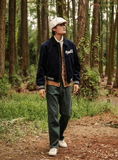 American retro style corduroy jacket men's winter warm embroidery casual loose baseball jacket