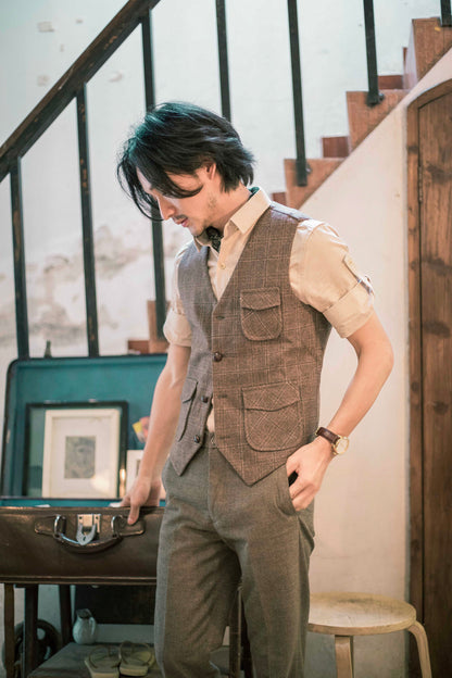 British retro plaid suit vest men's wool business casual suit vest slim vest