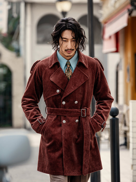 British style retro mid-length coat for men Winter corduroy casual loose trench coat
