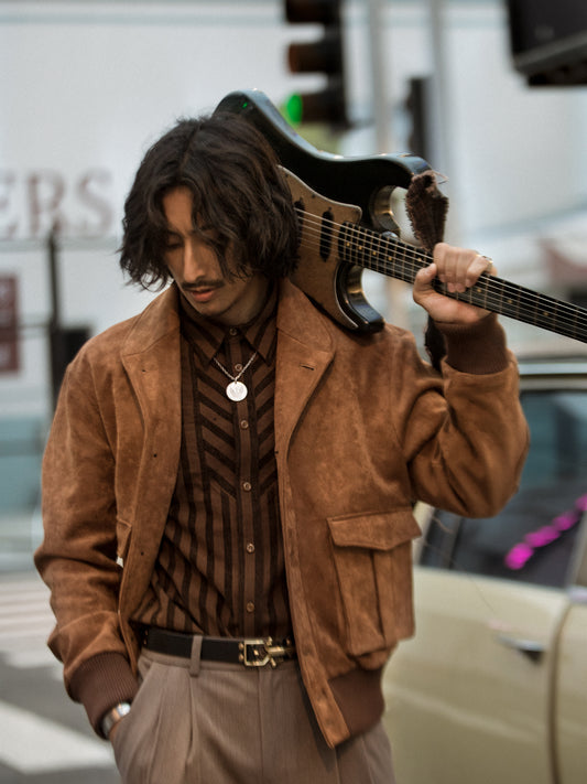 American retro style suede jacket for men Ami Khaki motorcycle wear casual loose deerskin jacket