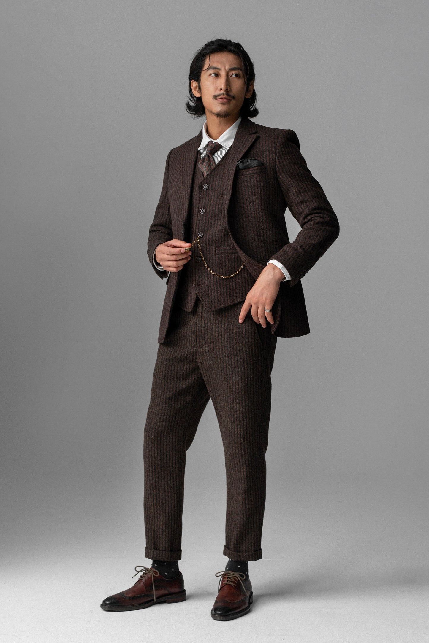 British retro wool men suit jacket Striped coarse pattern business formal casual slim suit