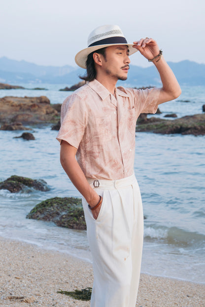 French retro double-breasted short-sleeved shirt for men Pink textured simple gentleman Cuban collar shirt