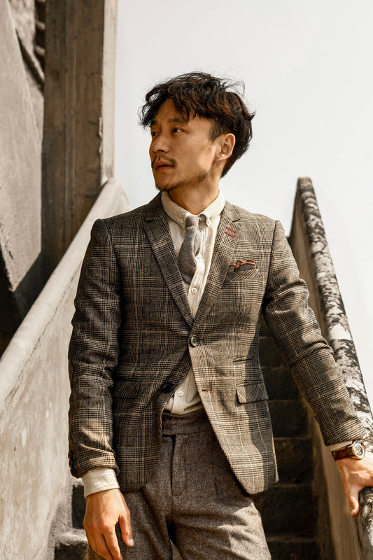 British style retro houndstooth men's suits autumn and winter handsome suits casual plaid suit jacket wedding dress