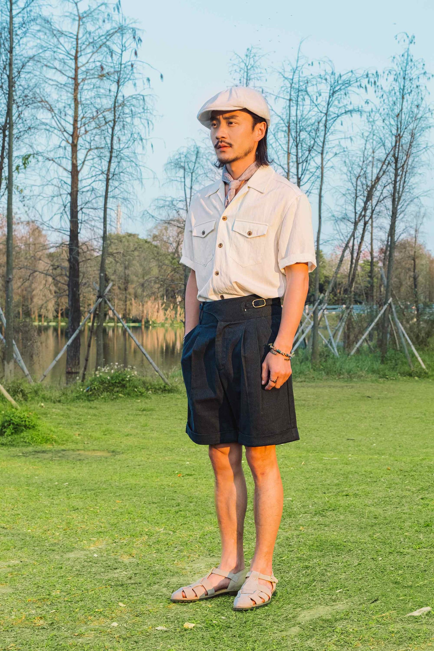 Retro American style workwear Cuban collar shirt men's double pocket casual drape neutral simple short-sleeved shirt