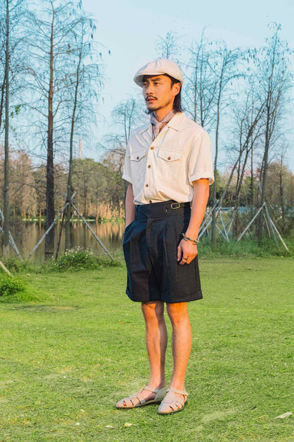 Retro American style workwear Cuban collar shirt men's double pocket casual drape neutral simple short-sleeved shirt