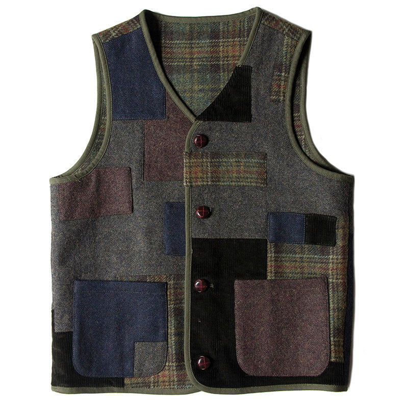 SOARIN  Regular Fit Vintage Patchwork Multi-Blend Tweed Vest Waistcoat Z83B18