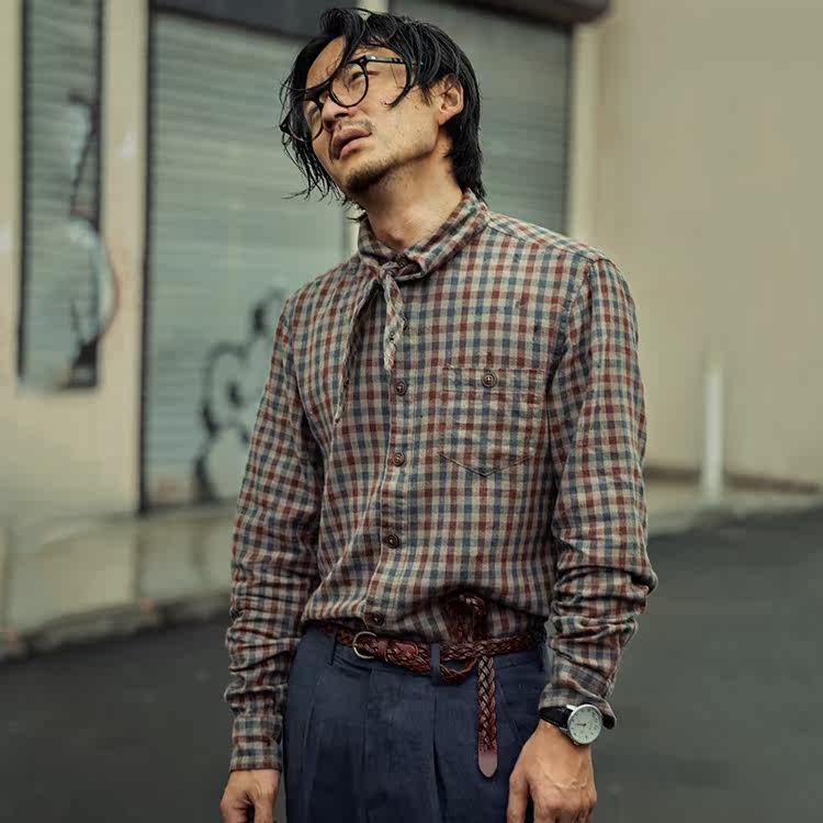 SOARIN Regular Fit Vintage Plaid Linen Tie Neck Long Sleeve Shirt Z83C56