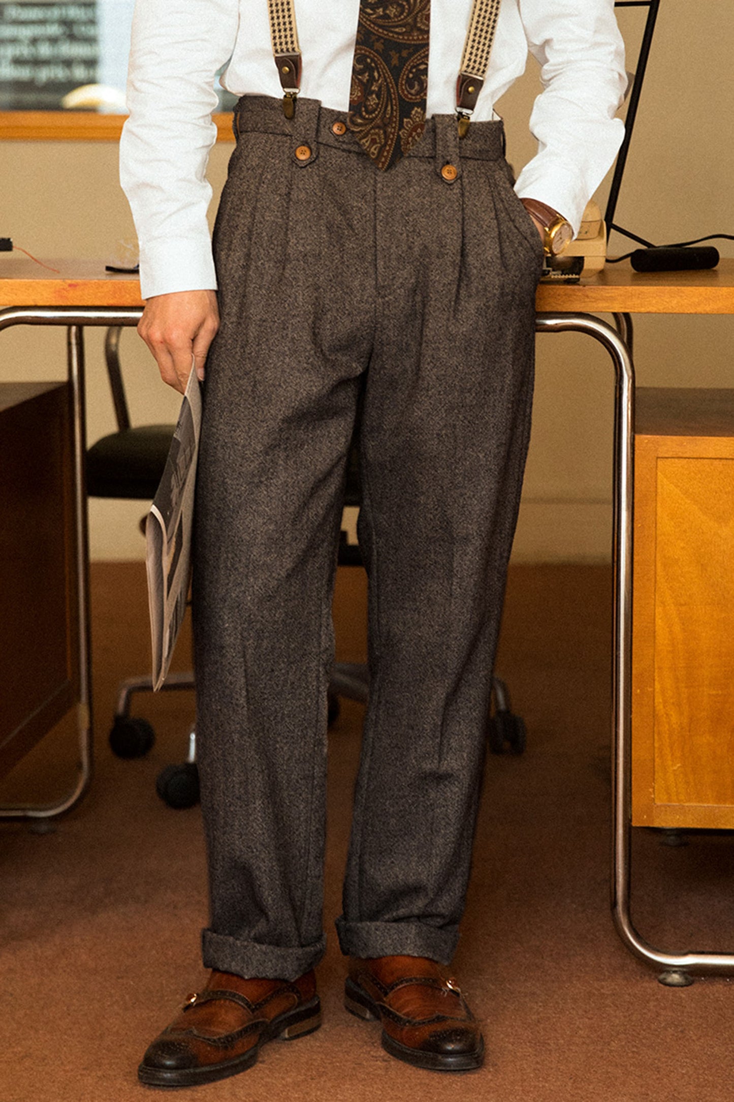 British retro style wool suit pants men's herringbone drape loose pants business casual tapered pants