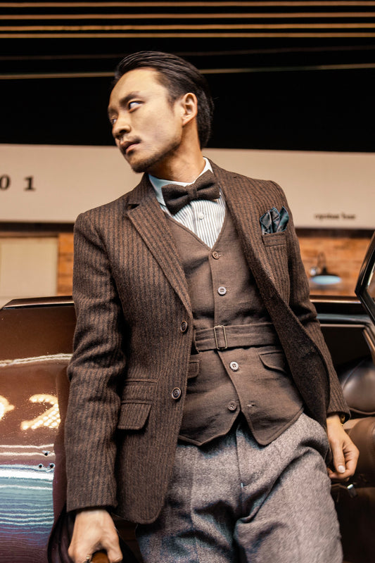 British retro wool men suit jacket Striped coarse pattern business formal casual slim suit