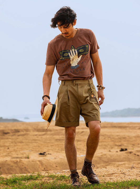 American retro style work shorts men's Ami khaki summer thin cotton straight loose shorts