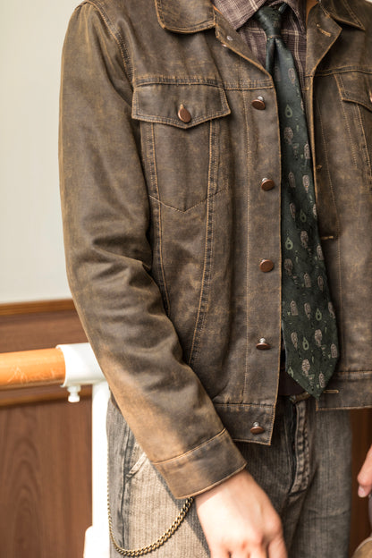 Men's retro American style leather jacket Ami Khaki motorcycle jacket, loose short aviator leather jacket