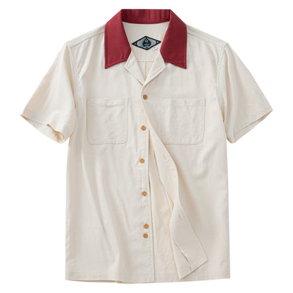 British retro style Cuban collar short-sleeved shirt men's stitching linen casual double pocket short-sleeved shirt