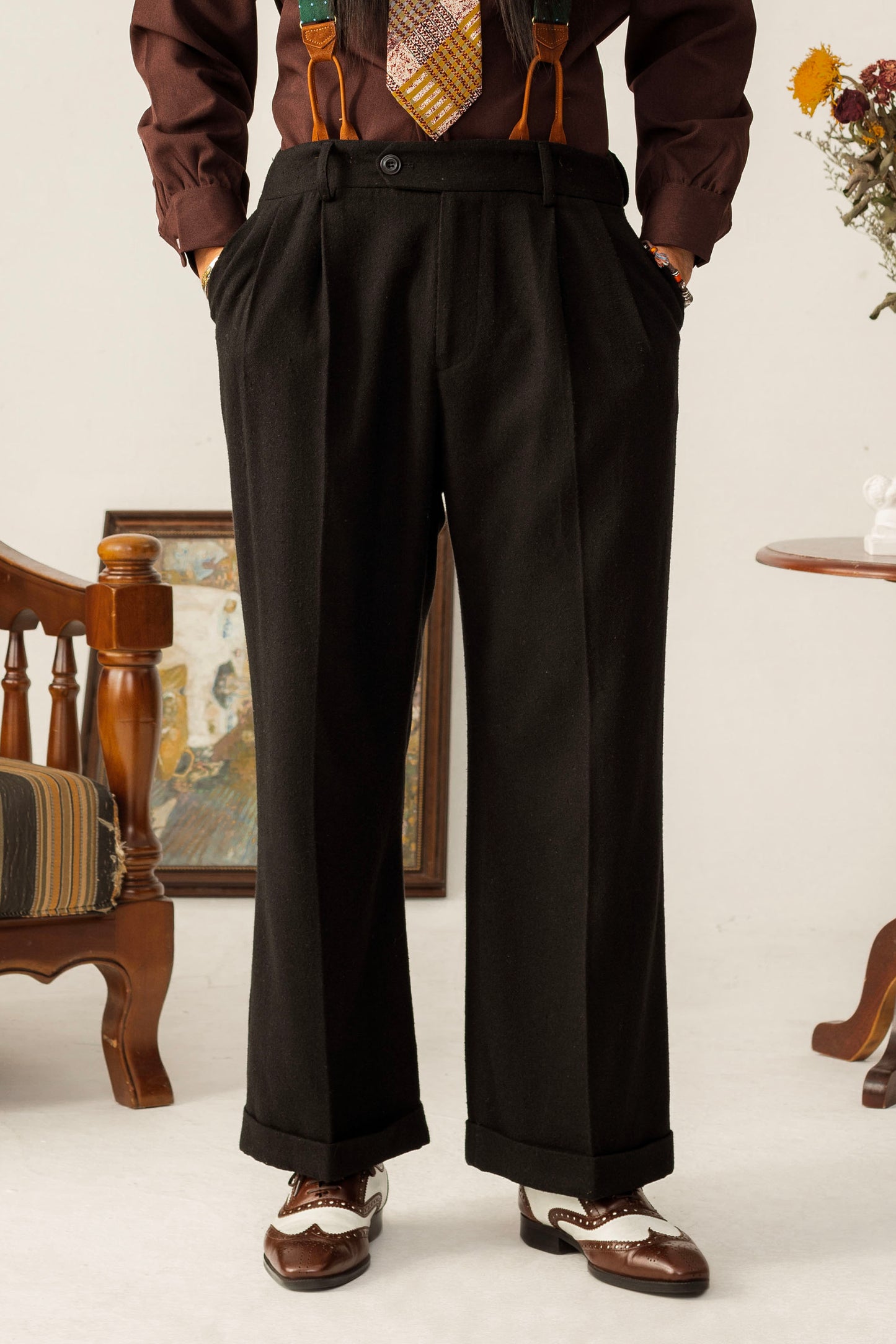 British retro style woolen straight pants men's winter yuppie business casual loose drape suit trousers