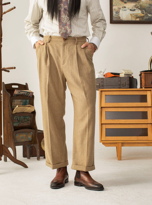 British retro style wool straight suit pants men's autumn and winter high-end business casual plaid trousers