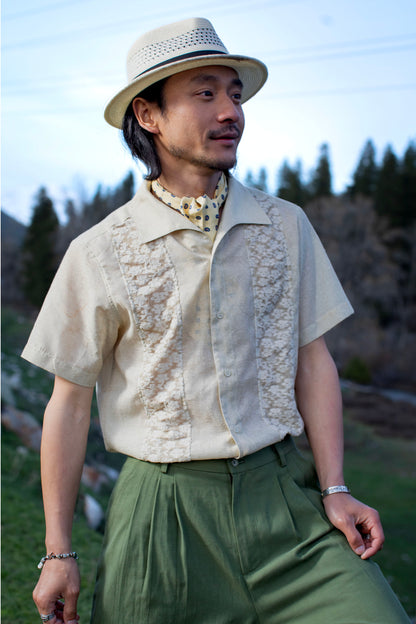British retro style patchwork short-sleeved shirt for men Original design textured short-sleeved floral shirt