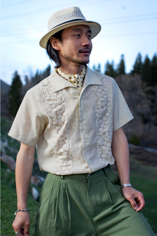 British retro style patchwork short-sleeved shirt for men Original design textured short-sleeved floral shirt