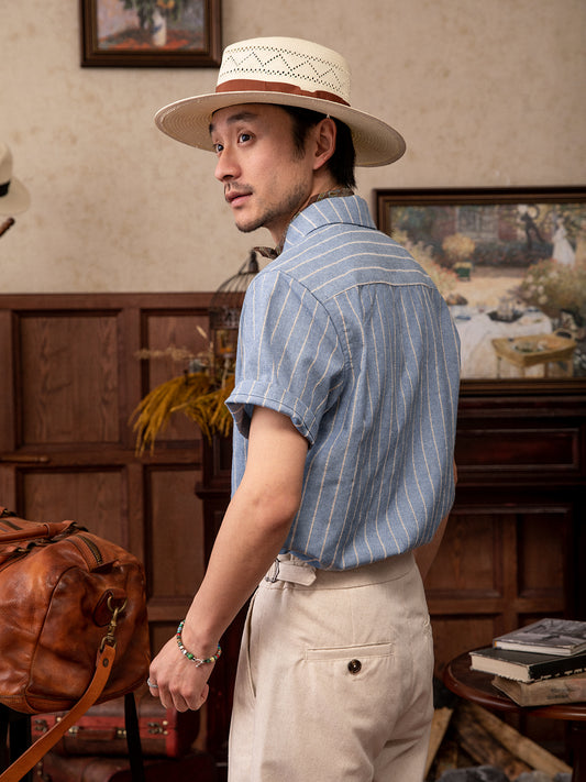 Men's Italian Naples striped short-sleeved shirt Swallow collar business formal cotton and linen short-sleeved shirt