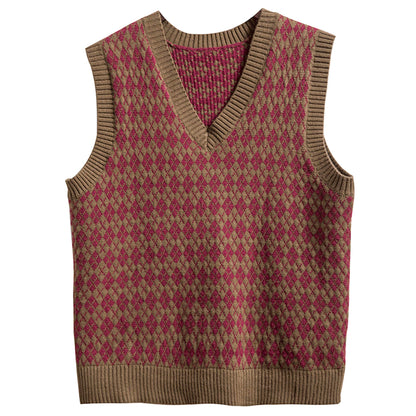 Men's retro style diamond-patterned sweater vest British vintage design knitted sweater wool vest