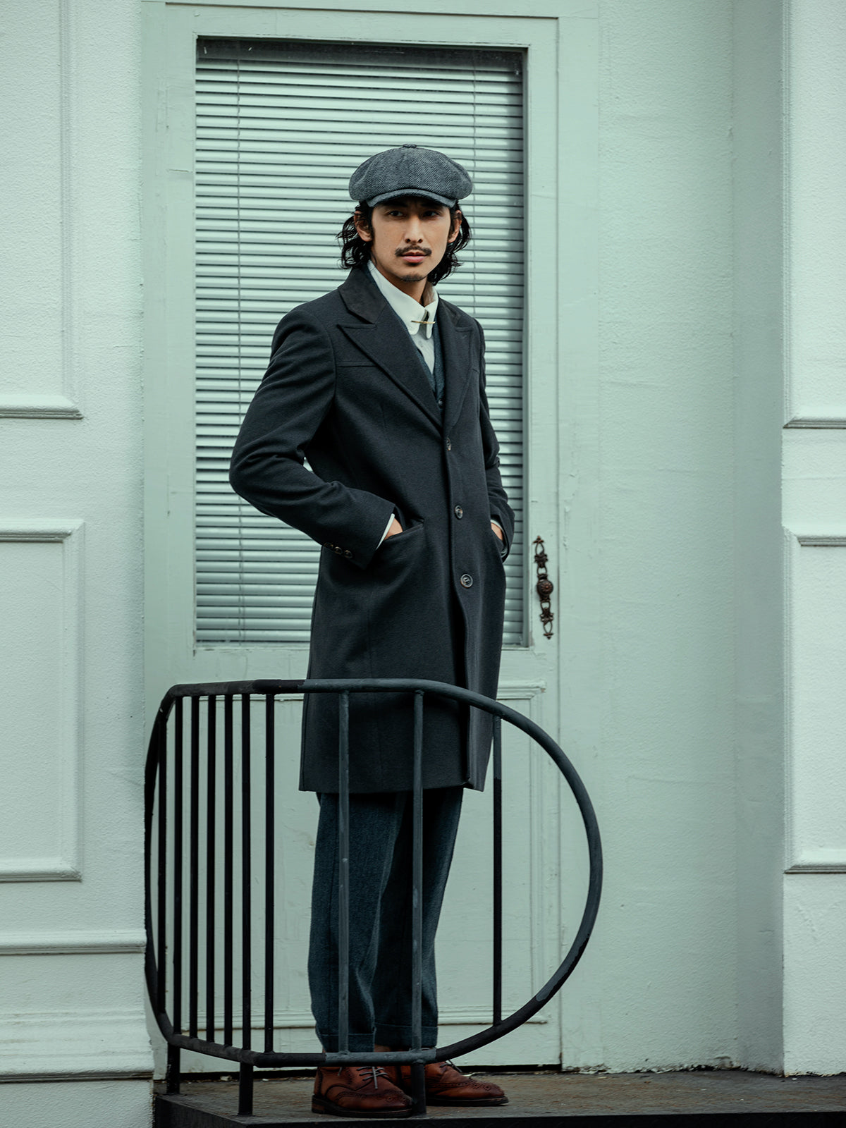British style retro woolen mid-length coat for men knee-length slim trench coat for winter