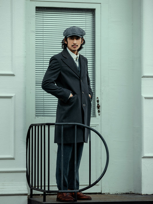 British style retro woolen mid-length coat for men knee-length slim trench coat for winter