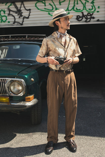 Retro yuppie style Cuban collar shirt men's Vintage distressed style Baroque print short-sleeved shirt